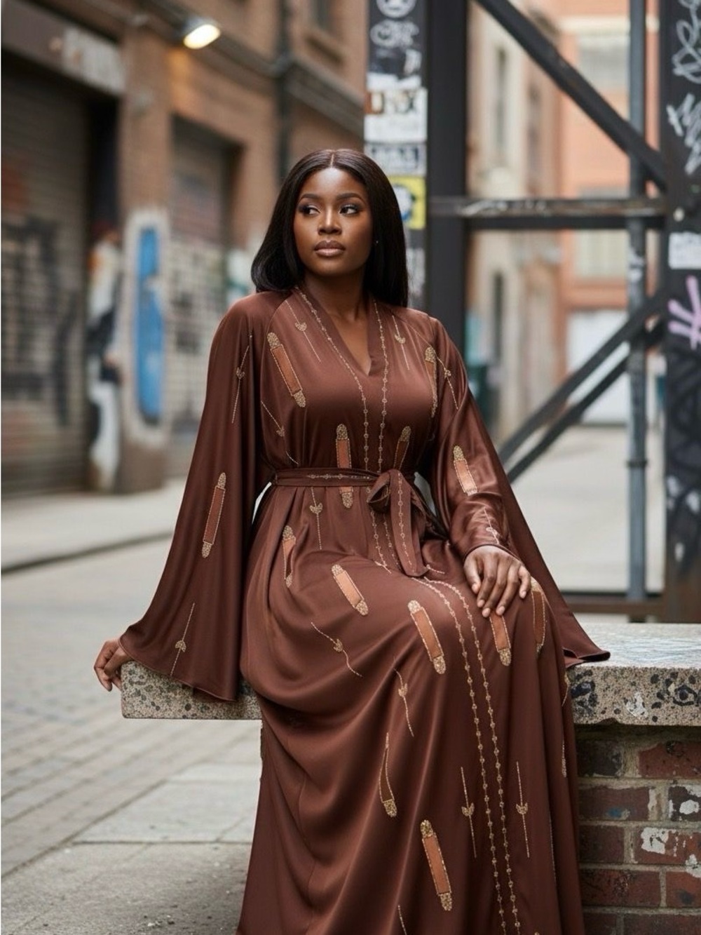 Brown Embellished Maxi Dress with Self-Tie Belt